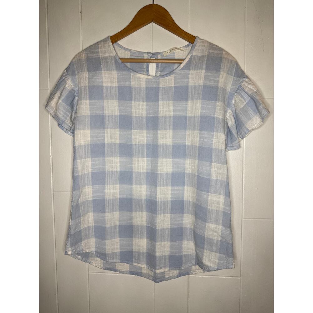 100% cotton Lake Flower blue and white gingham blouse ruffle sleeve size small